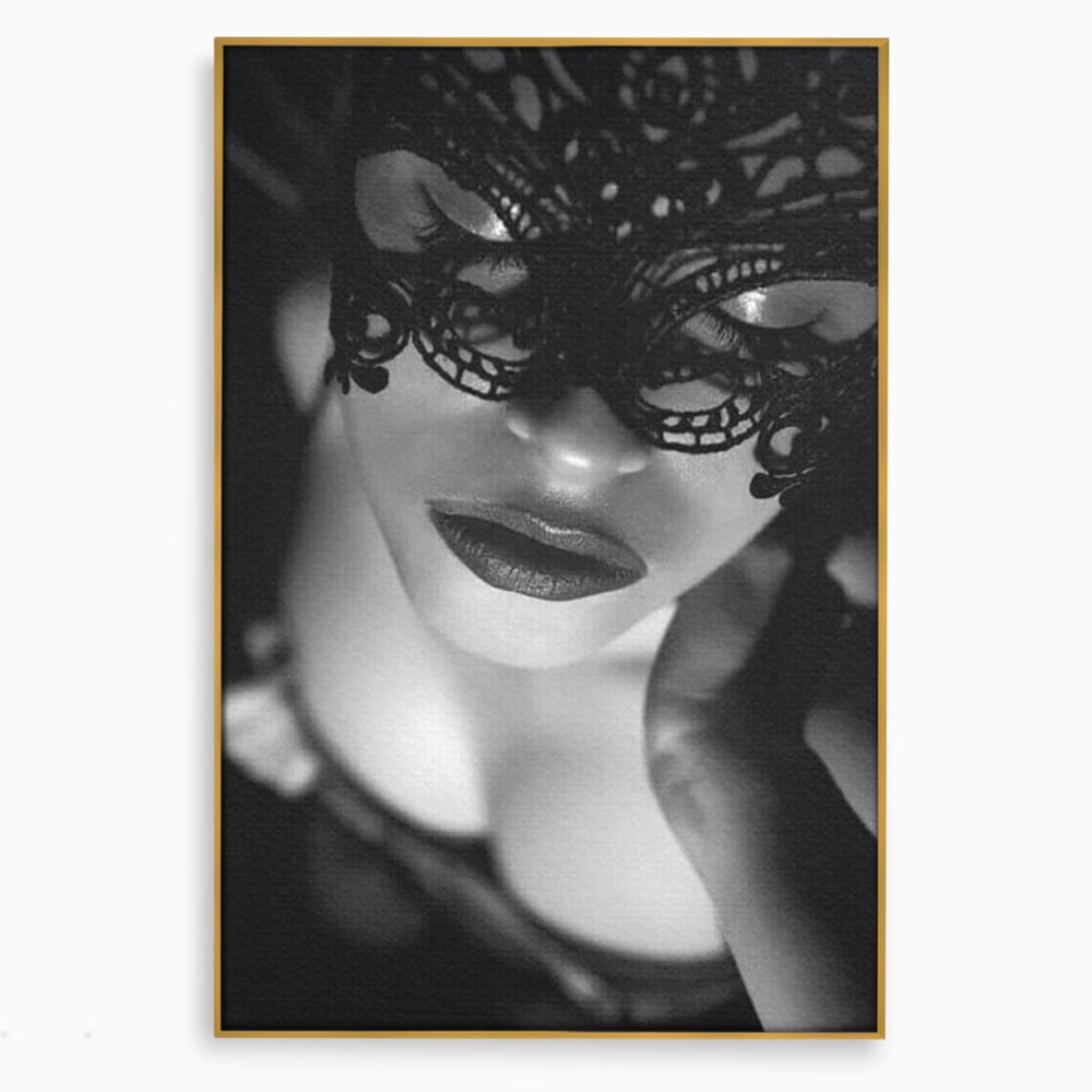 Tablou Canvas Premium, LuxCanva® P1037, Masca Pasională, Masca, Dantela, Negru, Monocrom, Senzualitate, Pasiune, Frumusete, Seducator, Mister, Dramatism, Living, Dormitor