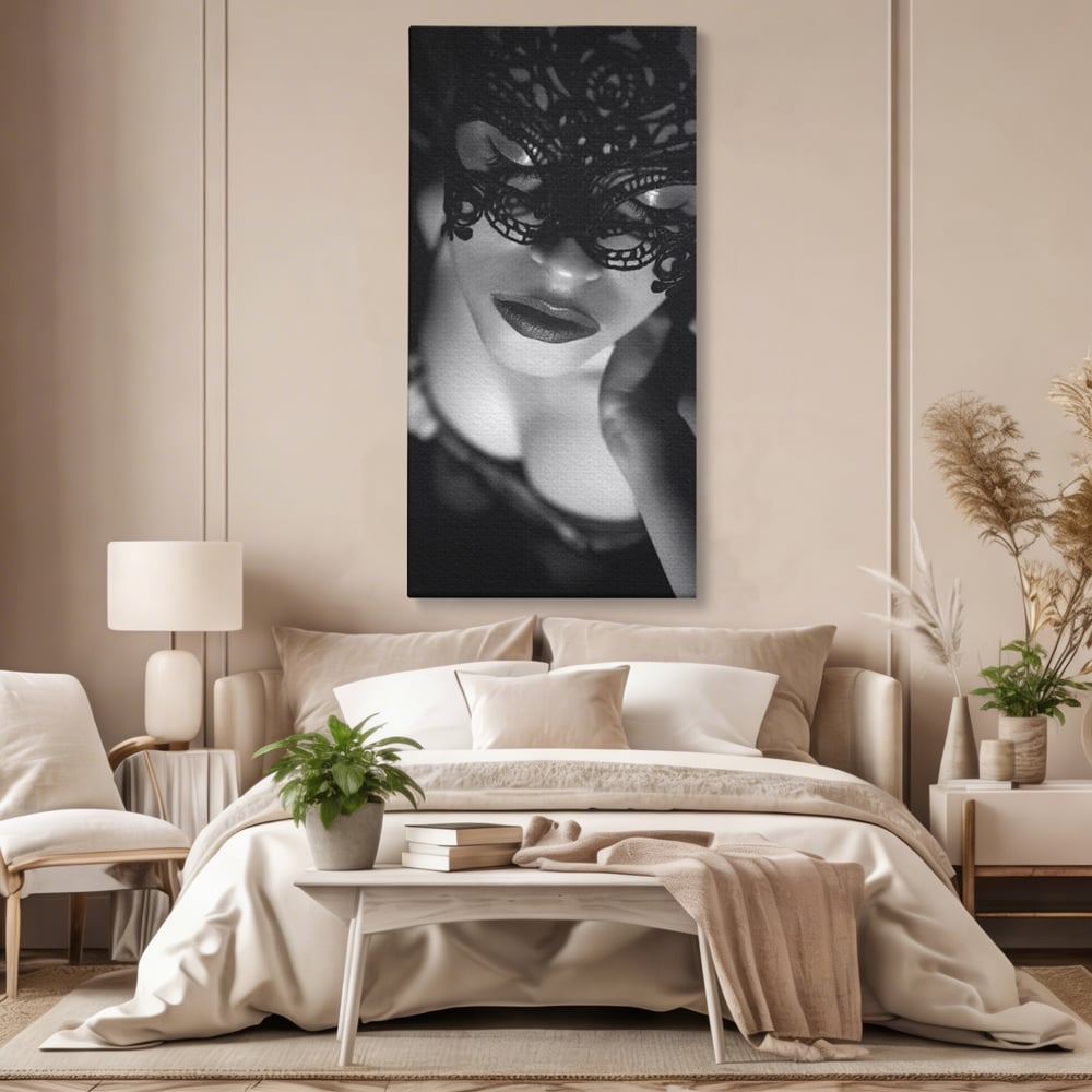 Tablou Canvas Premium, LuxCanva® P1037, Masca Pasională, Masca, Dantela, Negru, Monocrom, Senzualitate, Pasiune, Frumusete, Seducator, Mister, Dramatism, Living, Dormitor