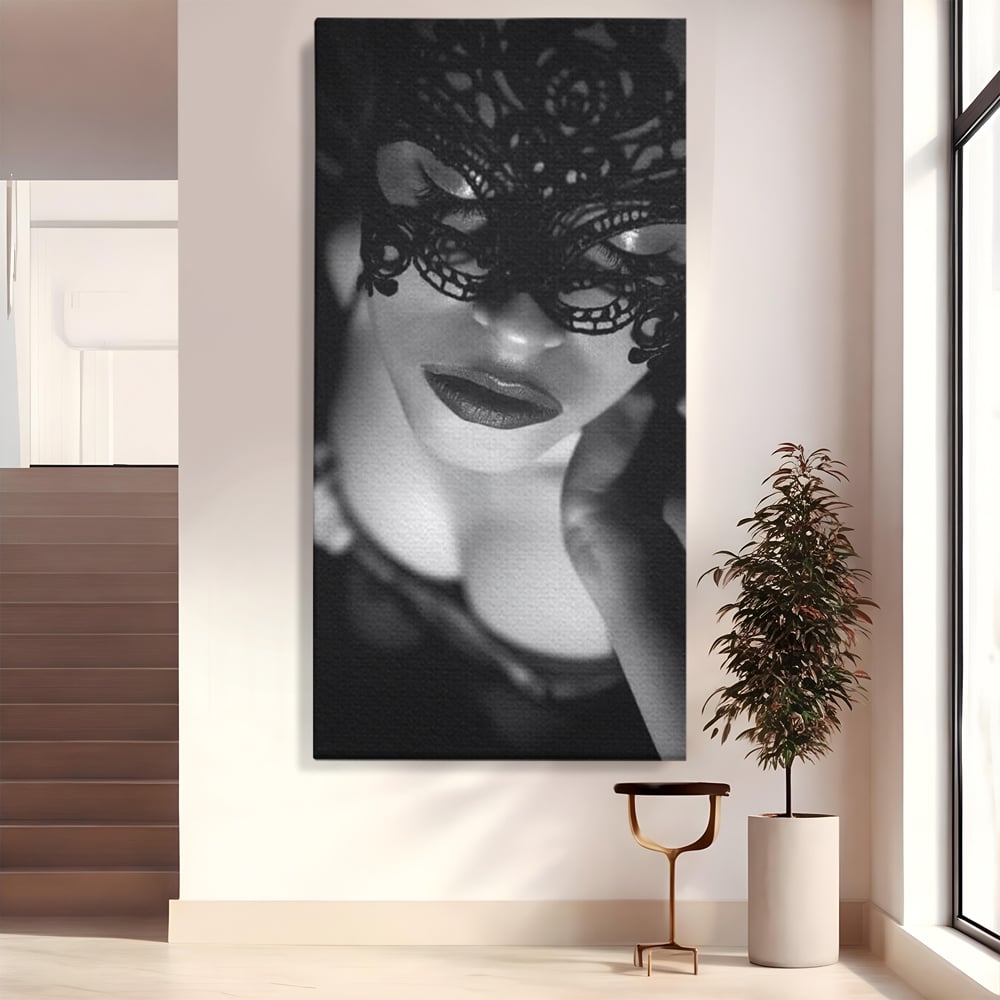 Tablou Canvas Premium, LuxCanva® P1037, Masca Pasională, Masca, Dantela, Negru, Monocrom, Senzualitate, Pasiune, Frumusete, Seducator, Mister, Dramatism, Living, Dormitor