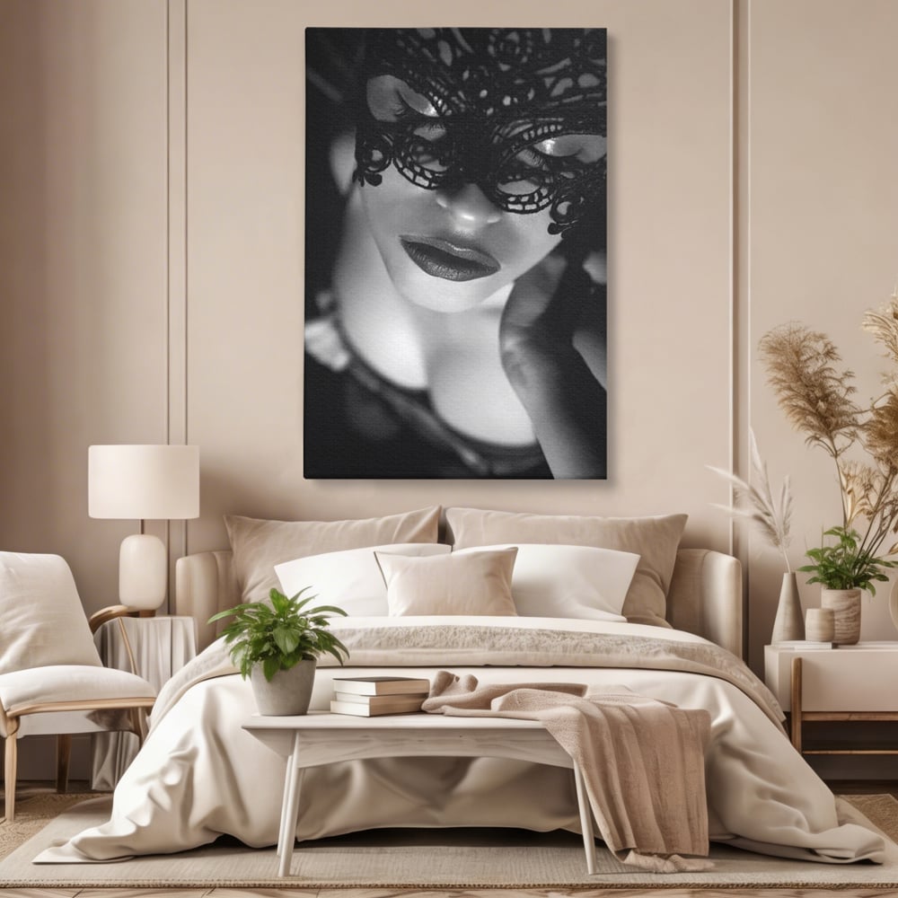 Tablou Canvas Premium, LuxCanva® P1037, Masca Pasională, Masca, Dantela, Negru, Monocrom, Senzualitate, Pasiune, Frumusete, Seducator, Mister, Dramatism, Living, Dormitor