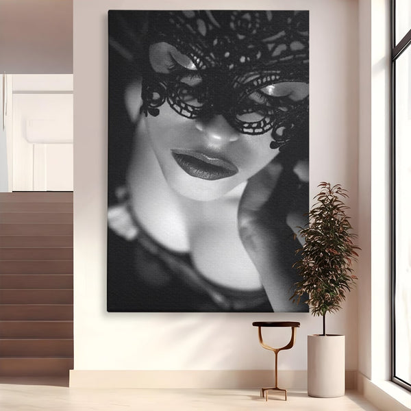 Tablou Canvas Premium, LuxCanva® P1037, Masca Pasională, Masca, Dantela, Negru, Monocrom, Senzualitate, Pasiune, Frumusete, Seducator, Mister, Dramatism, Living, Dormitor