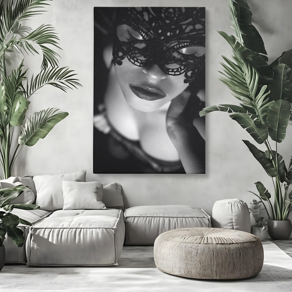Tablou Canvas Premium, LuxCanva® P1037, Masca Pasională, Masca, Dantela, Negru, Monocrom, Senzualitate, Pasiune, Frumusete, Seducator, Mister, Dramatism, Living, Dormitor