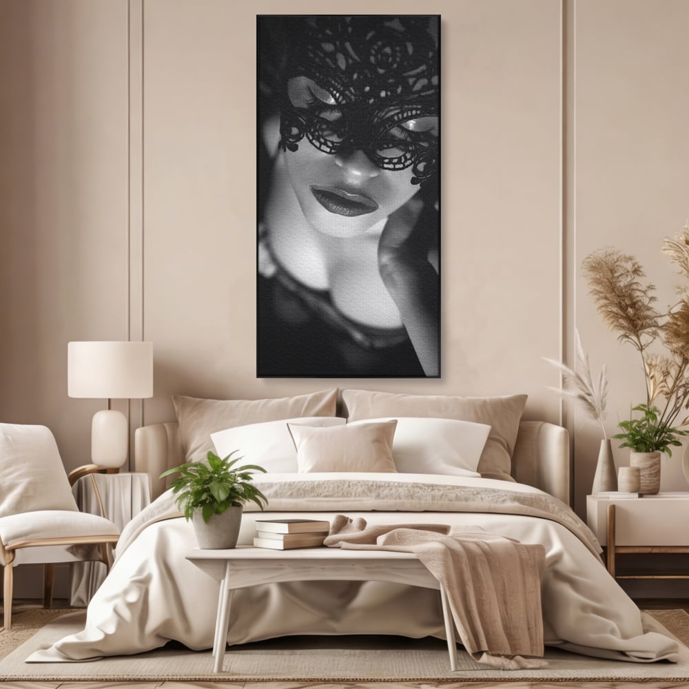 Tablou Canvas Premium, LuxCanva® P1037, Masca Pasională, Masca, Dantela, Negru, Monocrom, Senzualitate, Pasiune, Frumusete, Seducator, Mister, Dramatism, Living, Dormitor