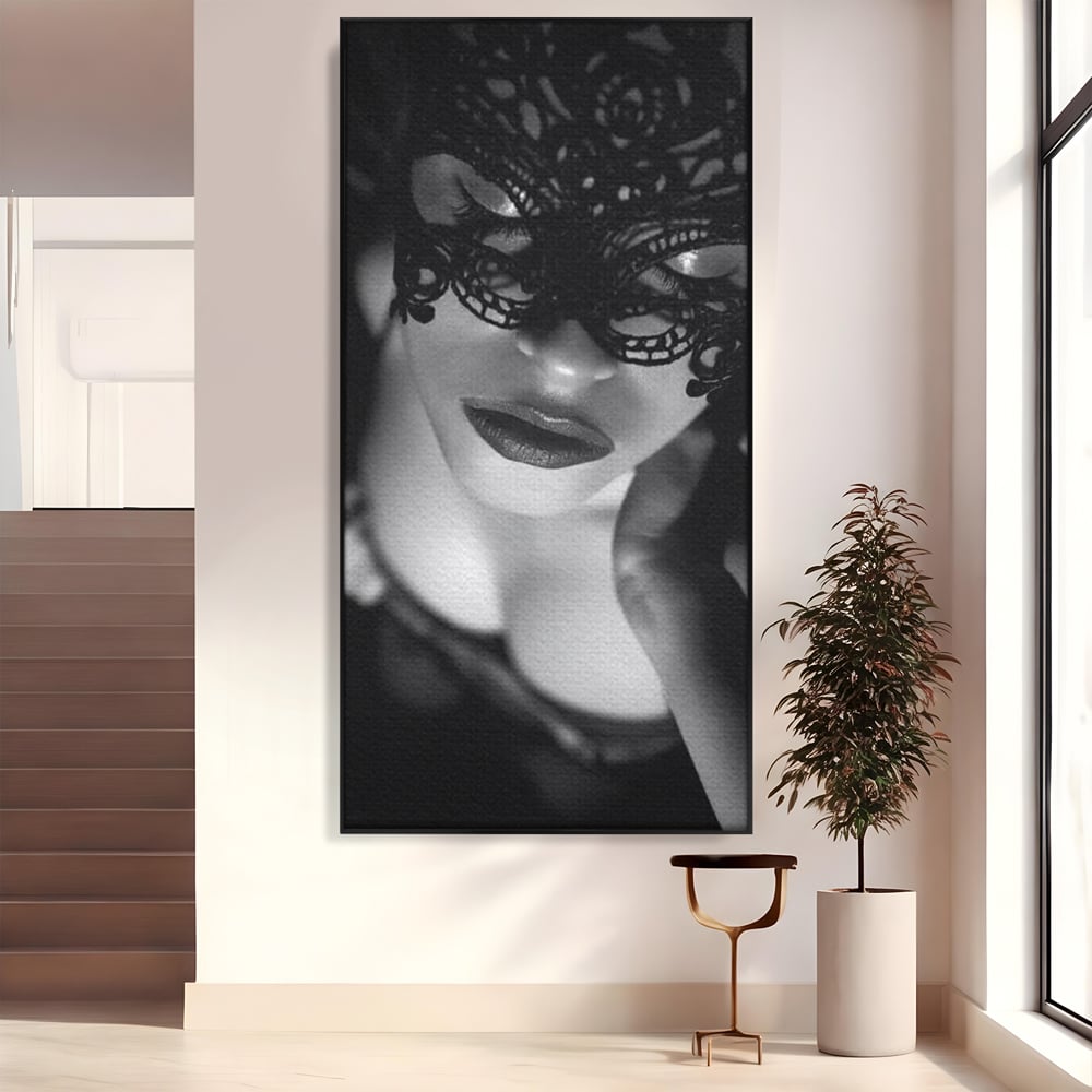Tablou Canvas Premium, LuxCanva® P1037, Masca Pasională, Masca, Dantela, Negru, Monocrom, Senzualitate, Pasiune, Frumusete, Seducator, Mister, Dramatism, Living, Dormitor