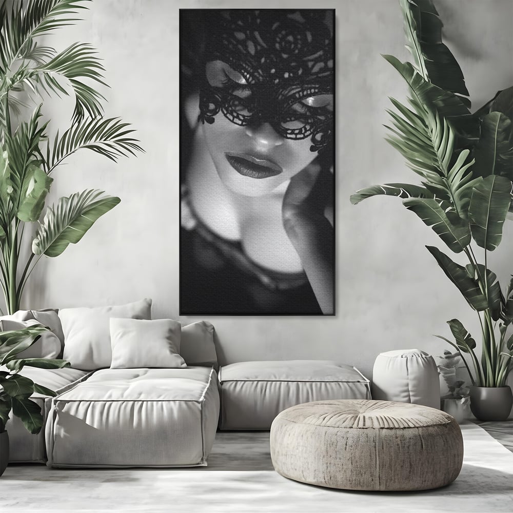Tablou Canvas Premium, LuxCanva® P1037, Masca Pasională, Masca, Dantela, Negru, Monocrom, Senzualitate, Pasiune, Frumusete, Seducator, Mister, Dramatism, Living, Dormitor