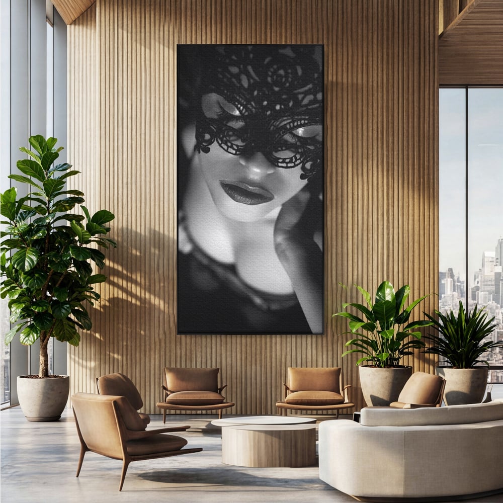 Tablou Canvas Premium, LuxCanva® P1037, Masca Pasională, Masca, Dantela, Negru, Monocrom, Senzualitate, Pasiune, Frumusete, Seducator, Mister, Dramatism, Living, Dormitor