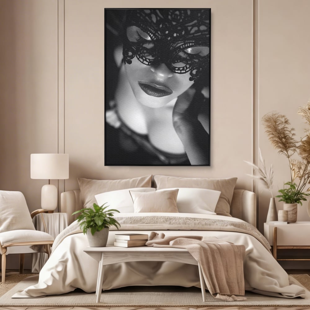 Tablou Canvas Premium, LuxCanva® P1037, Masca Pasională, Masca, Dantela, Negru, Monocrom, Senzualitate, Pasiune, Frumusete, Seducator, Mister, Dramatism, Living, Dormitor