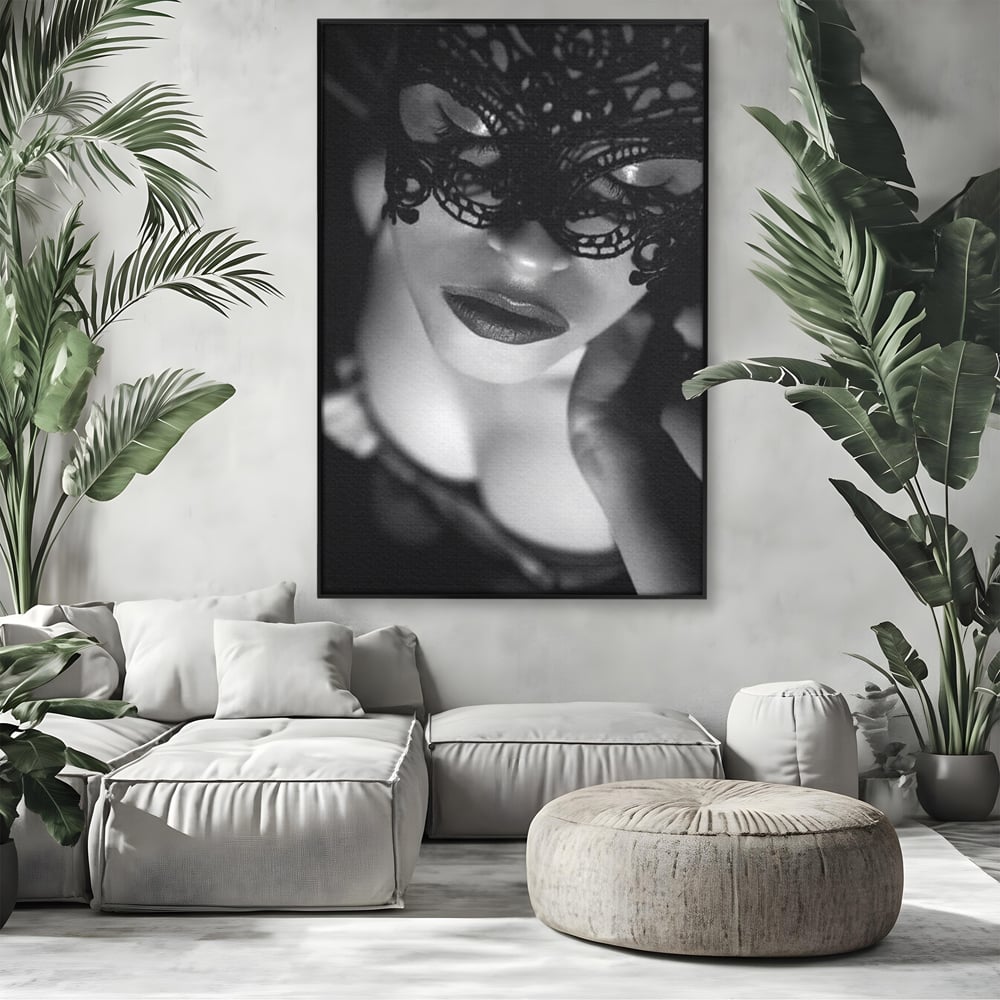 Tablou Canvas Premium, LuxCanva® P1037, Masca Pasională, Masca, Dantela, Negru, Monocrom, Senzualitate, Pasiune, Frumusete, Seducator, Mister, Dramatism, Living, Dormitor