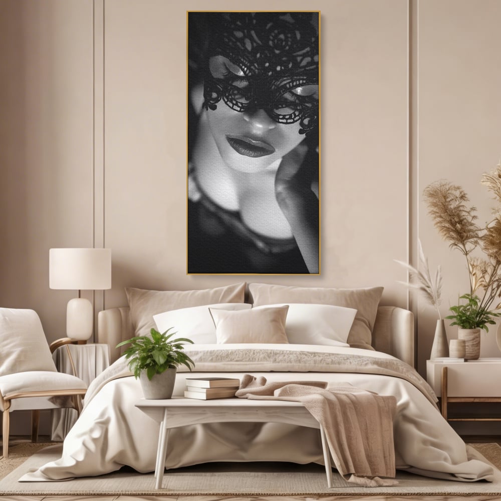 Tablou Canvas Premium, LuxCanva® P1037, Masca Pasională, Masca, Dantela, Negru, Monocrom, Senzualitate, Pasiune, Frumusete, Seducator, Mister, Dramatism, Living, Dormitor