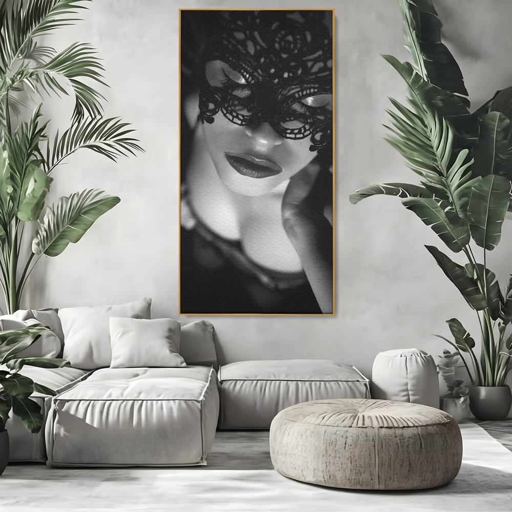 Tablou Canvas Premium, LuxCanva® P1037, Masca Pasională, Masca, Dantela, Negru, Monocrom, Senzualitate, Pasiune, Frumusete, Seducator, Mister, Dramatism, Living, Dormitor