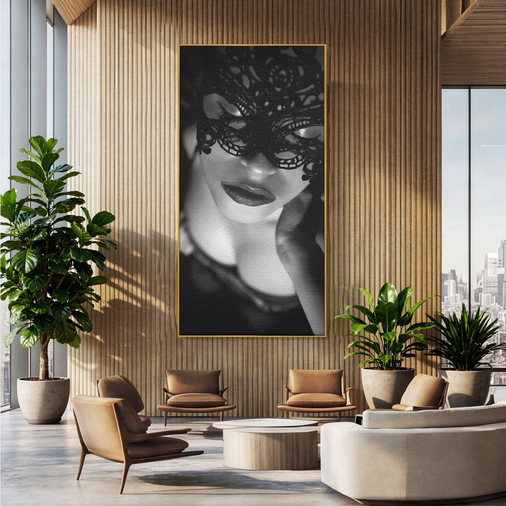 Tablou Canvas Premium, LuxCanva® P1037, Masca Pasională, Masca, Dantela, Negru, Monocrom, Senzualitate, Pasiune, Frumusete, Seducator, Mister, Dramatism, Living, Dormitor