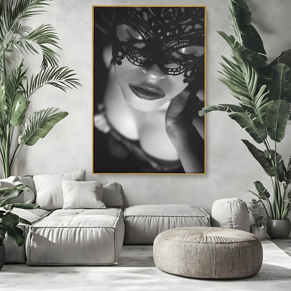Tablou Canvas Premium, LuxCanva® P1037, Masca Pasională, Masca, Dantela, Negru, Monocrom, Senzualitate, Pasiune, Frumusete, Seducator, Mister, Dramatism, Living, Dormitor