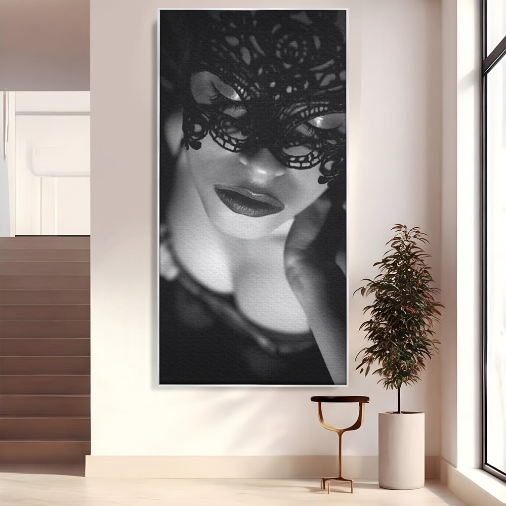 Tablou Canvas Premium, LuxCanva® P1037, Masca Pasională, Masca, Dantela, Negru, Monocrom, Senzualitate, Pasiune, Frumusete, Seducator, Mister, Dramatism, Living, Dormitor