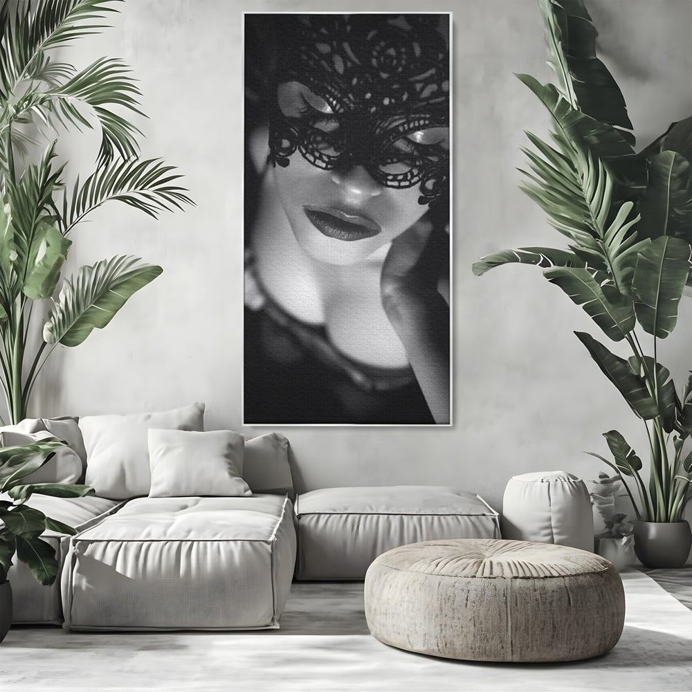 Tablou Canvas Premium, LuxCanva® P1037, Masca Pasională, Masca, Dantela, Negru, Monocrom, Senzualitate, Pasiune, Frumusete, Seducator, Mister, Dramatism, Living, Dormitor