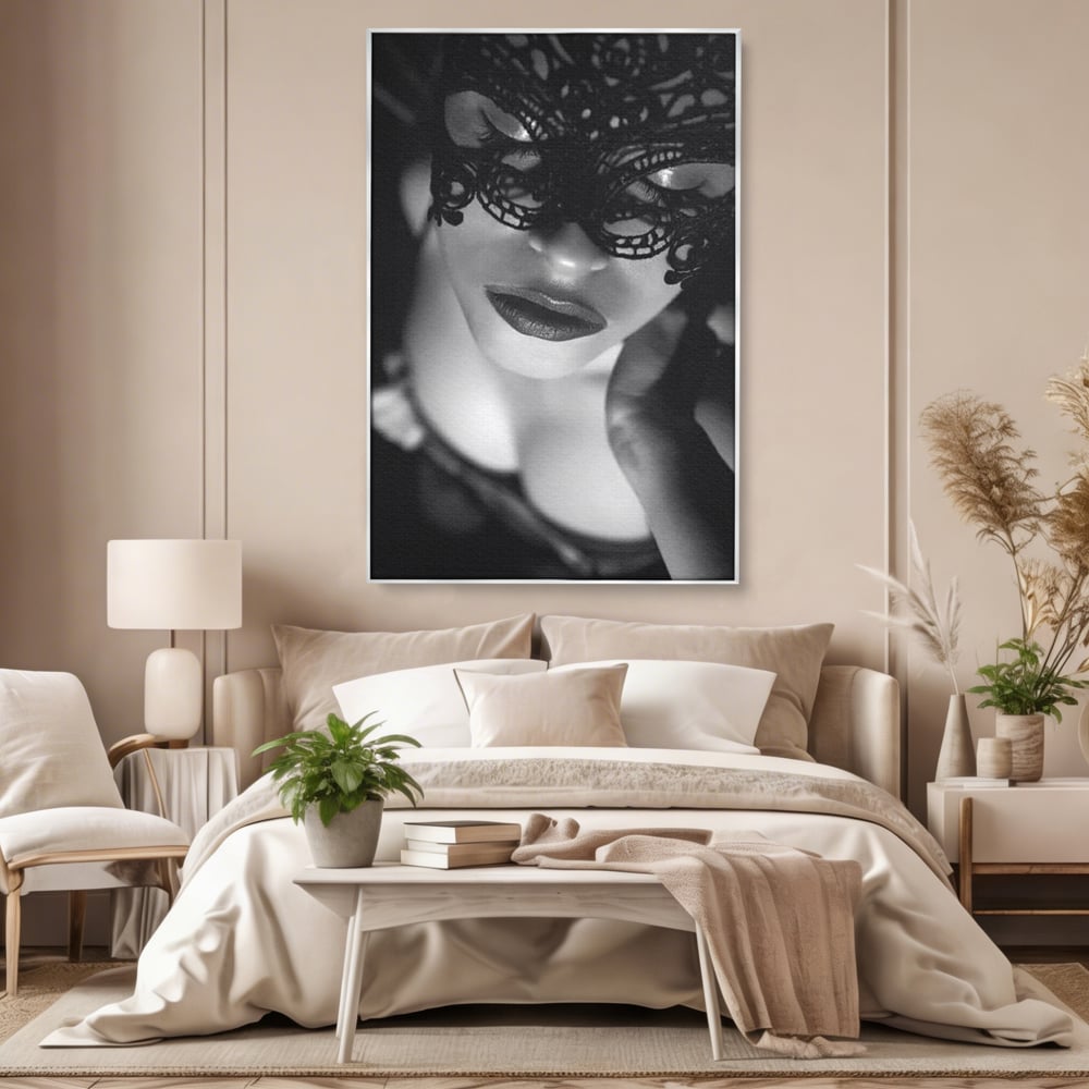 Tablou Canvas Premium, LuxCanva® P1037, Masca Pasională, Masca, Dantela, Negru, Monocrom, Senzualitate, Pasiune, Frumusete, Seducator, Mister, Dramatism, Living, Dormitor