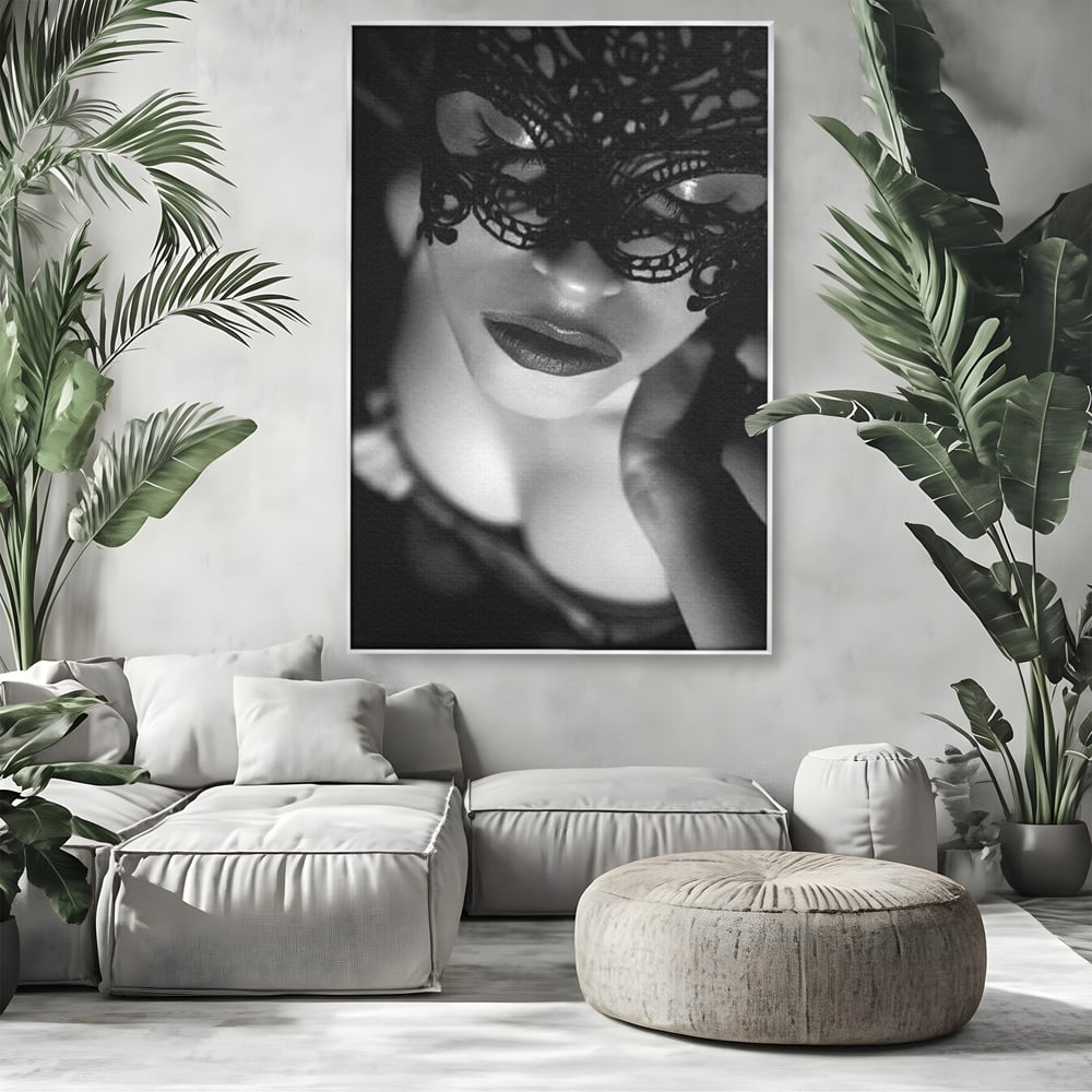 Tablou Canvas Premium, LuxCanva® P1037, Masca Pasională, Masca, Dantela, Negru, Monocrom, Senzualitate, Pasiune, Frumusete, Seducator, Mister, Dramatism, Living, Dormitor