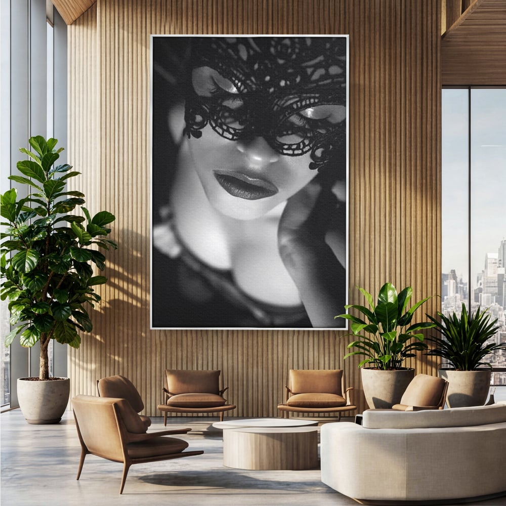 Tablou Canvas Premium, LuxCanva® P1037, Masca Pasională, Masca, Dantela, Negru, Monocrom, Senzualitate, Pasiune, Frumusete, Seducator, Mister, Dramatism, Living, Dormitor