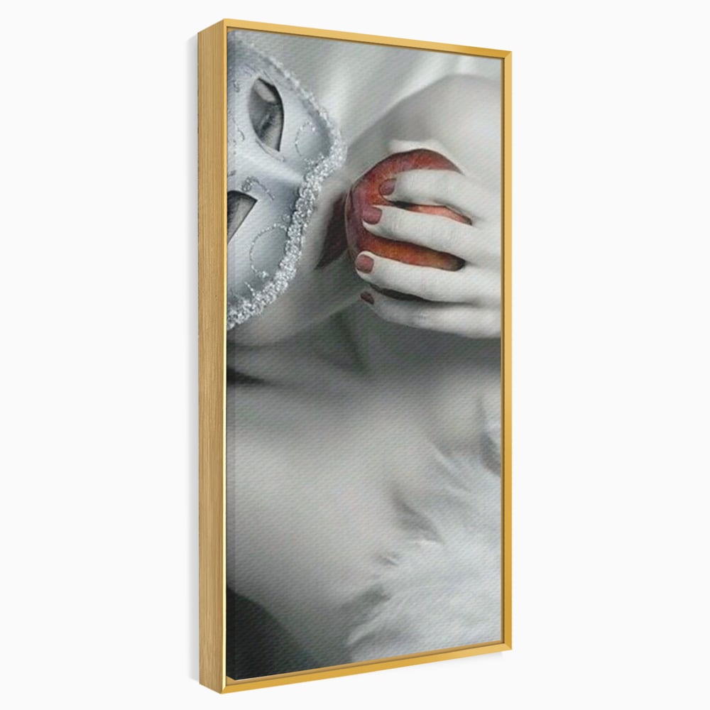 Tablou Canvas Premium, LuxCanva® P1038, Între Puritate și Păcat, Masca, Dantela, Alb, Mar, Rosu, Pacat, Inocenta, Dorinta, Privire, Fior, Tentatie, Fruct, Interzis, Living, Dormitor