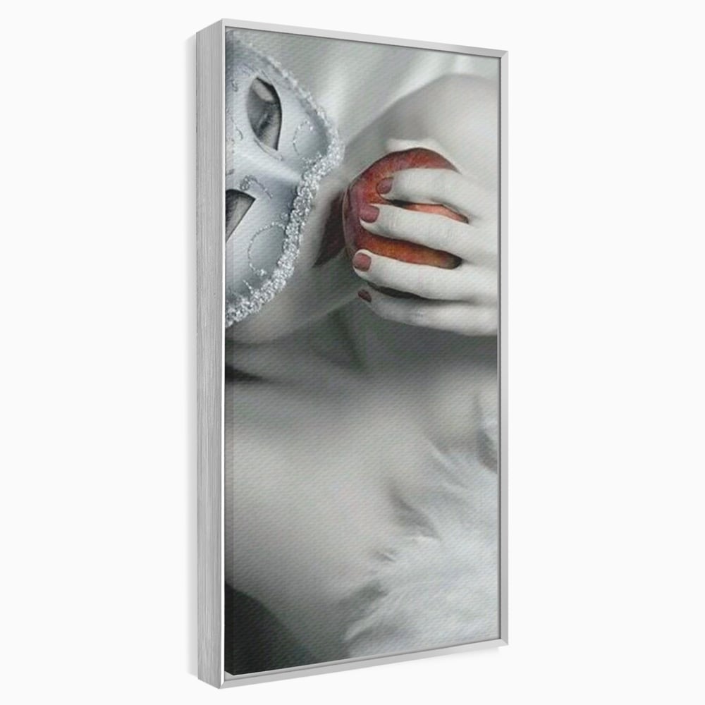 Tablou Canvas Premium, LuxCanva® P1038, Între Puritate și Păcat, Masca, Dantela, Alb, Mar, Rosu, Pacat, Inocenta, Dorinta, Privire, Fior, Tentatie, Fruct, Interzis, Living, Dormitor