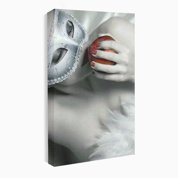 Tablou Canvas Premium, LuxCanva® P1038, Între Puritate și Păcat, Masca, Dantela, Alb, Mar, Rosu, Pacat, Inocenta, Dorinta, Privire, Fior, Tentatie, Fruct, Interzis, Living, Dormitor