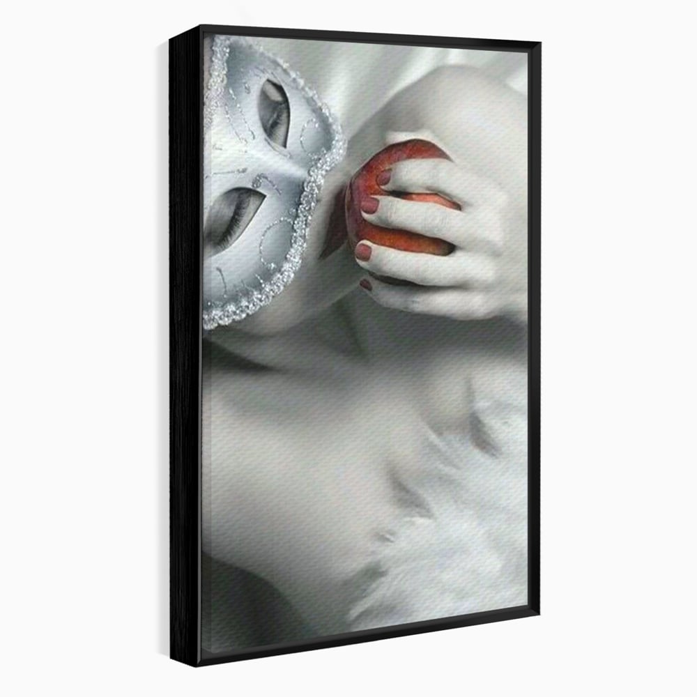 Tablou Canvas Premium, LuxCanva® P1038, Între Puritate și Păcat, Masca, Dantela, Alb, Mar, Rosu, Pacat, Inocenta, Dorinta, Privire, Fior, Tentatie, Fruct, Interzis, Living, Dormitor