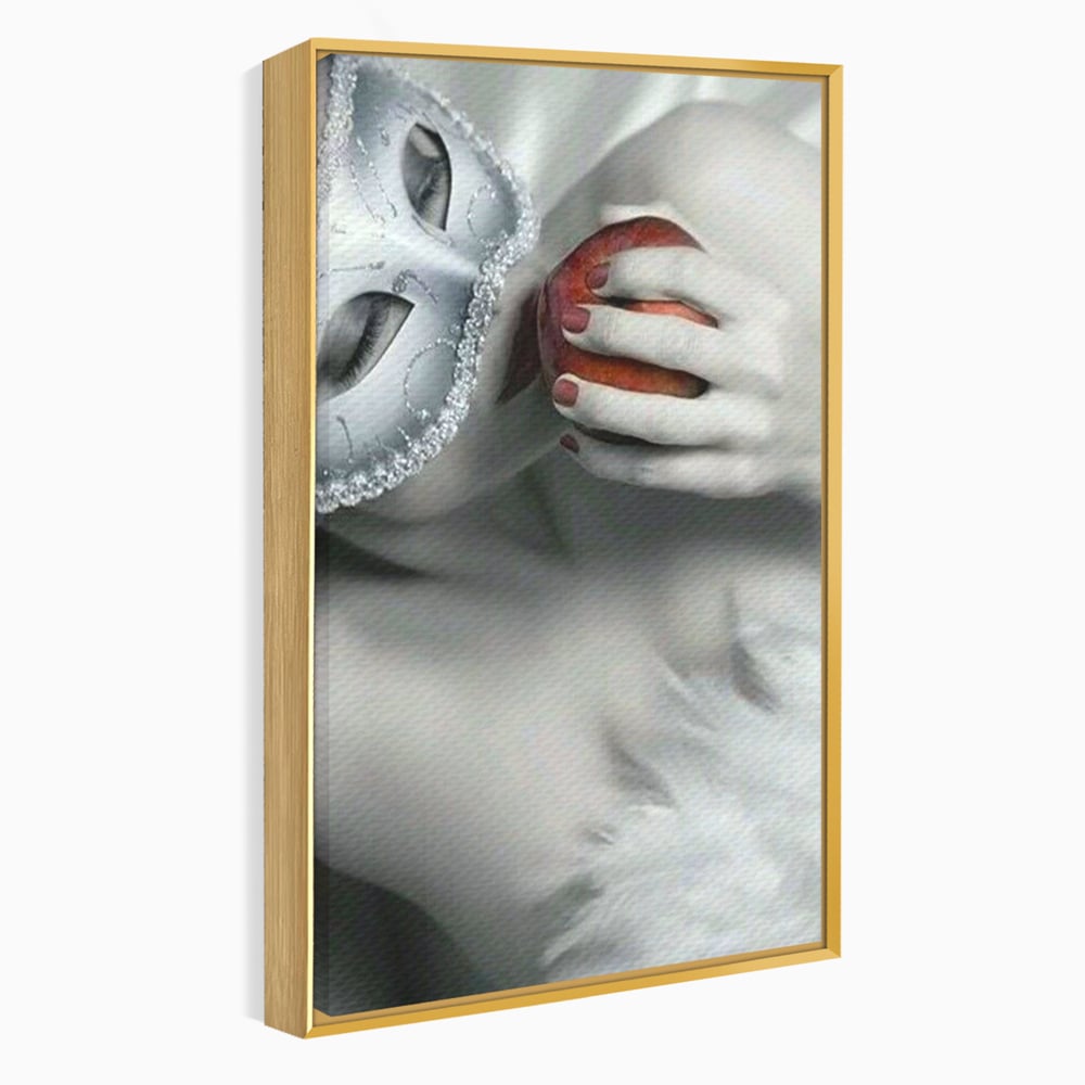 Tablou Canvas Premium, LuxCanva® P1038, Între Puritate și Păcat, Masca, Dantela, Alb, Mar, Rosu, Pacat, Inocenta, Dorinta, Privire, Fior, Tentatie, Fruct, Interzis, Living, Dormitor