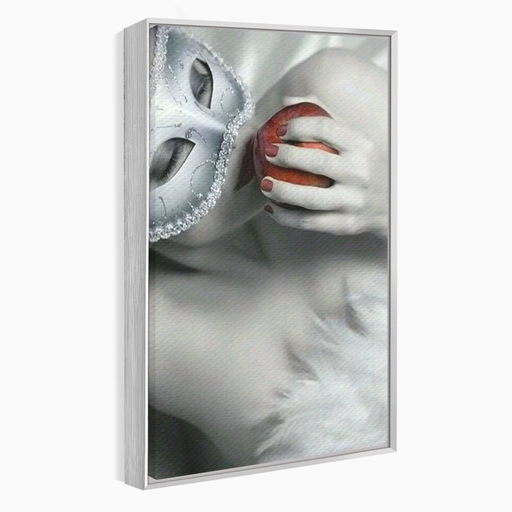 Tablou Canvas Premium, LuxCanva® P1038, Între Puritate și Păcat, Masca, Dantela, Alb, Mar, Rosu, Pacat, Inocenta, Dorinta, Privire, Fior, Tentatie, Fruct, Interzis, Living, Dormitor