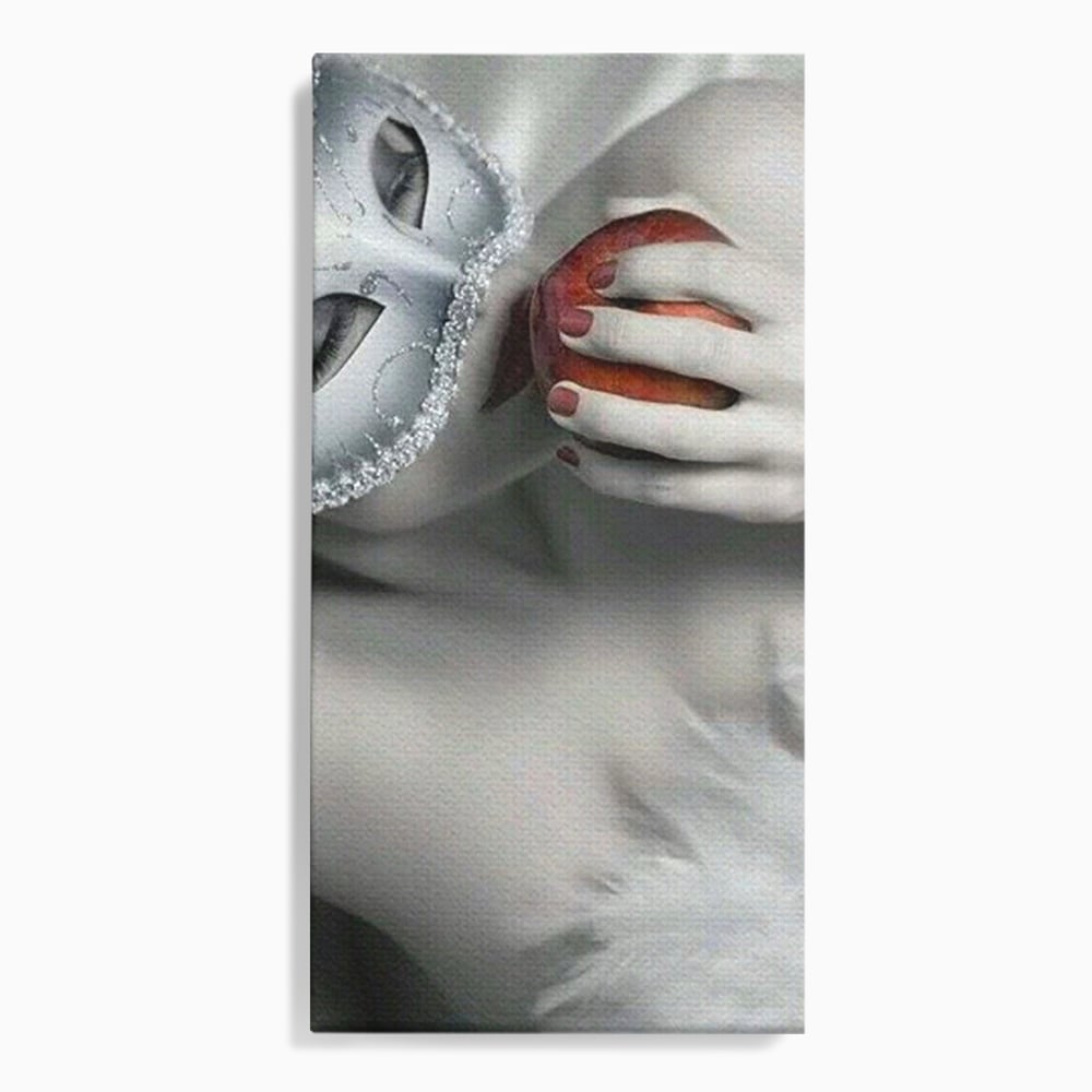 Tablou Canvas Premium, LuxCanva® P1038, Între Puritate și Păcat, Masca, Dantela, Alb, Mar, Rosu, Pacat, Inocenta, Dorinta, Privire, Fior, Tentatie, Fruct, Interzis, Living, Dormitor
