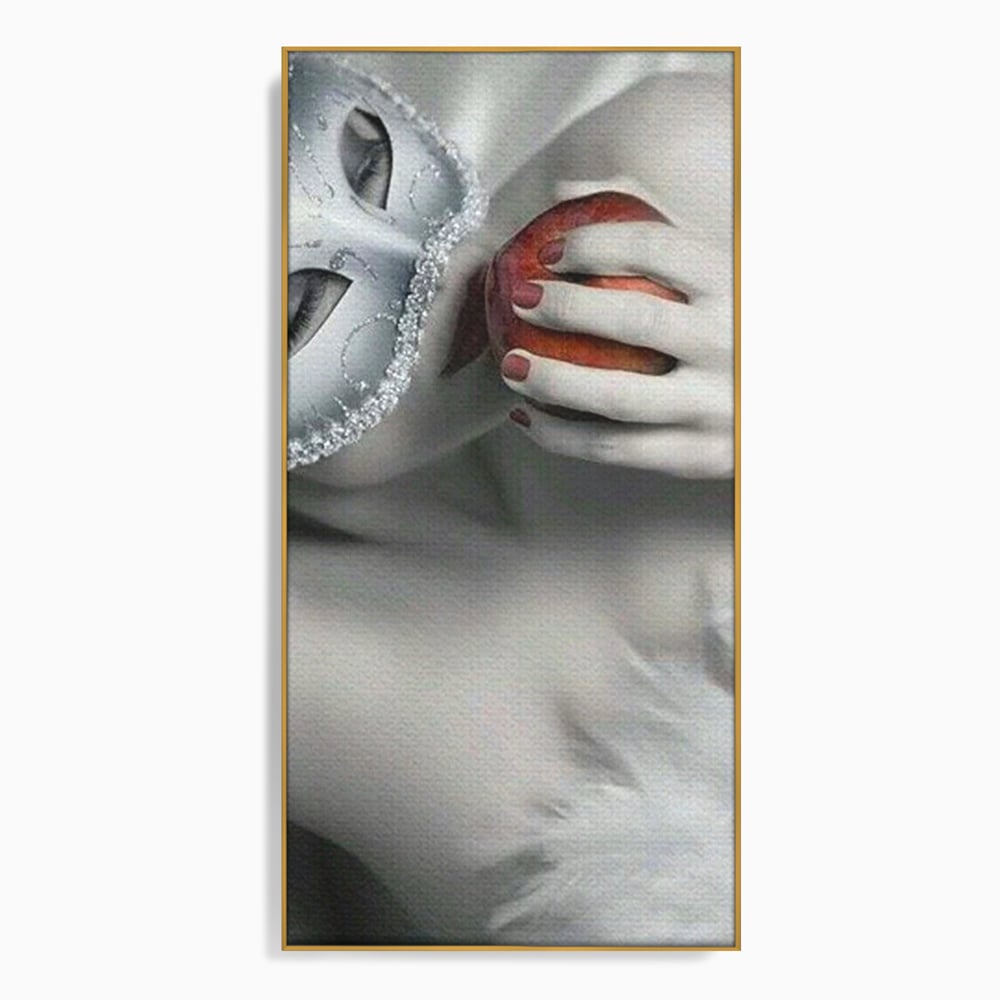 Tablou Canvas Premium, LuxCanva® P1038, Între Puritate și Păcat, Masca, Dantela, Alb, Mar, Rosu, Pacat, Inocenta, Dorinta, Privire, Fior, Tentatie, Fruct, Interzis, Living, Dormitor