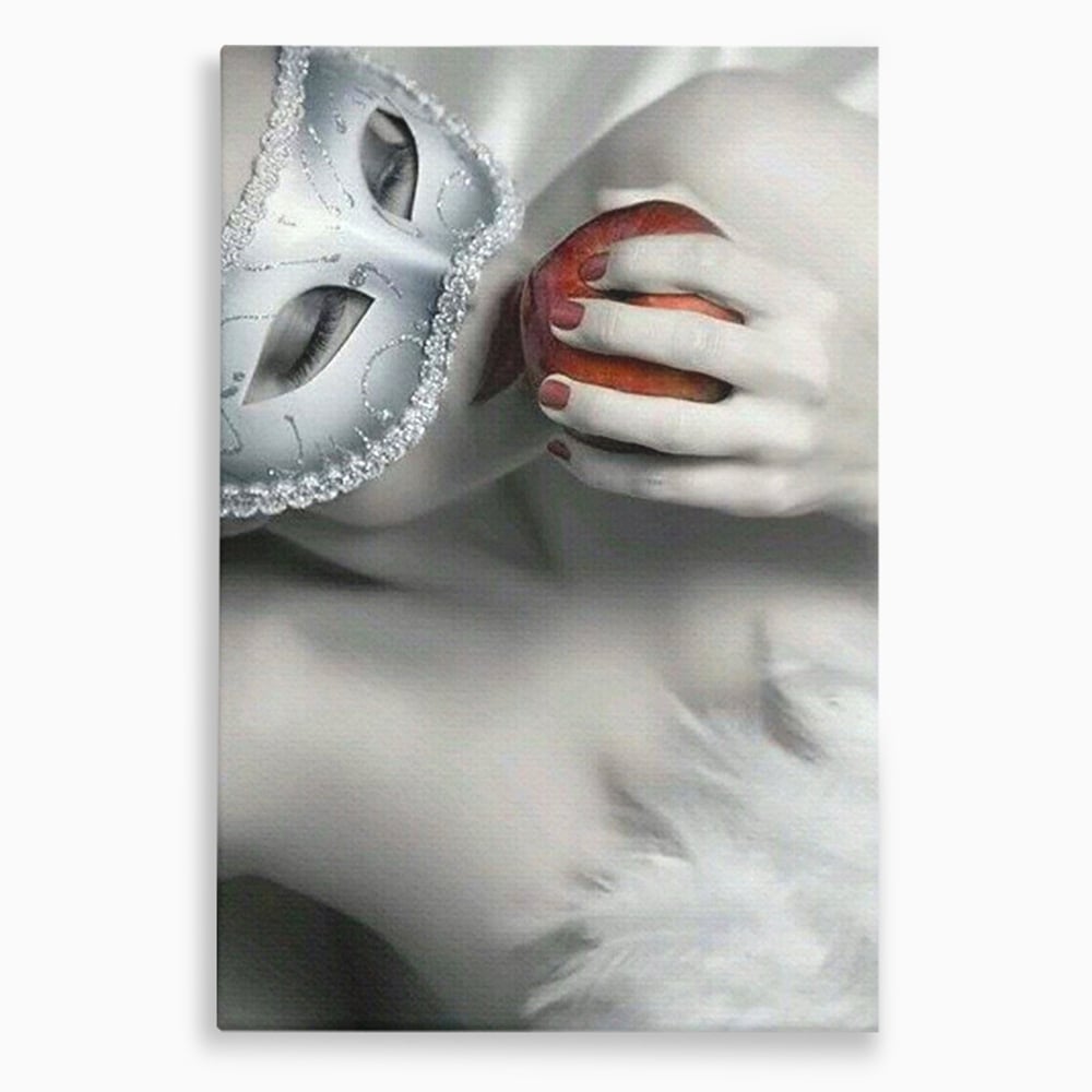 Tablou Canvas Premium, LuxCanva® P1038, Între Puritate și Păcat, Masca, Dantela, Alb, Mar, Rosu, Pacat, Inocenta, Dorinta, Privire, Fior, Tentatie, Fruct, Interzis, Living, Dormitor