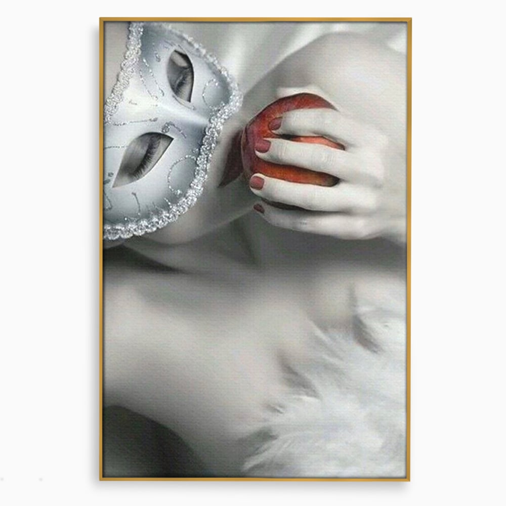 Tablou Canvas Premium, LuxCanva® P1038, Între Puritate și Păcat, Masca, Dantela, Alb, Mar, Rosu, Pacat, Inocenta, Dorinta, Privire, Fior, Tentatie, Fruct, Interzis, Living, Dormitor