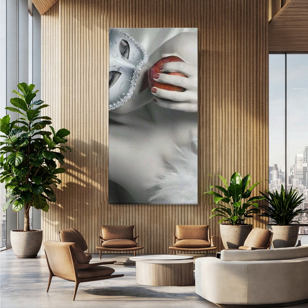 Tablou Canvas Premium, LuxCanva® P1038, Între Puritate și Păcat, Masca, Dantela, Alb, Mar, Rosu, Pacat, Inocenta, Dorinta, Privire, Fior, Tentatie, Fruct, Interzis, Living, Dormitor