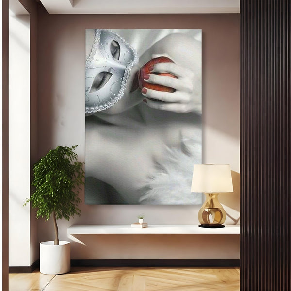 Tablou Canvas Premium, LuxCanva® P1038, Între Puritate și Păcat, Masca, Dantela, Alb, Mar, Rosu, Pacat, Inocenta, Dorinta, Privire, Fior, Tentatie, Fruct, Interzis, Living, Dormitor