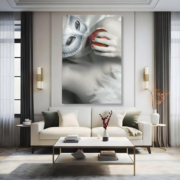 Tablou Canvas Premium, LuxCanva® P1038, Între Puritate și Păcat, Masca, Dantela, Alb, Mar, Rosu, Pacat, Inocenta, Dorinta, Privire, Fior, Tentatie, Fruct, Interzis, Living, Dormitor
