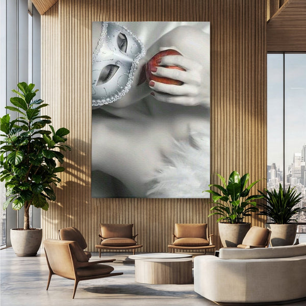 Tablou Canvas Premium, LuxCanva® P1038, Între Puritate și Păcat, Masca, Dantela, Alb, Mar, Rosu, Pacat, Inocenta, Dorinta, Privire, Fior, Tentatie, Fruct, Interzis, Living, Dormitor