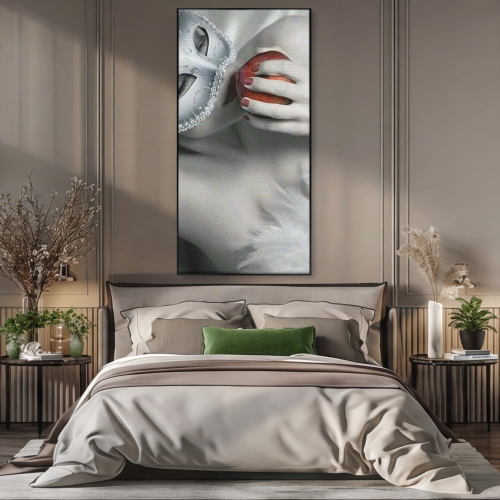 Tablou Canvas Premium, LuxCanva® P1038, Între Puritate și Păcat, Masca, Dantela, Alb, Mar, Rosu, Pacat, Inocenta, Dorinta, Privire, Fior, Tentatie, Fruct, Interzis, Living, Dormitor