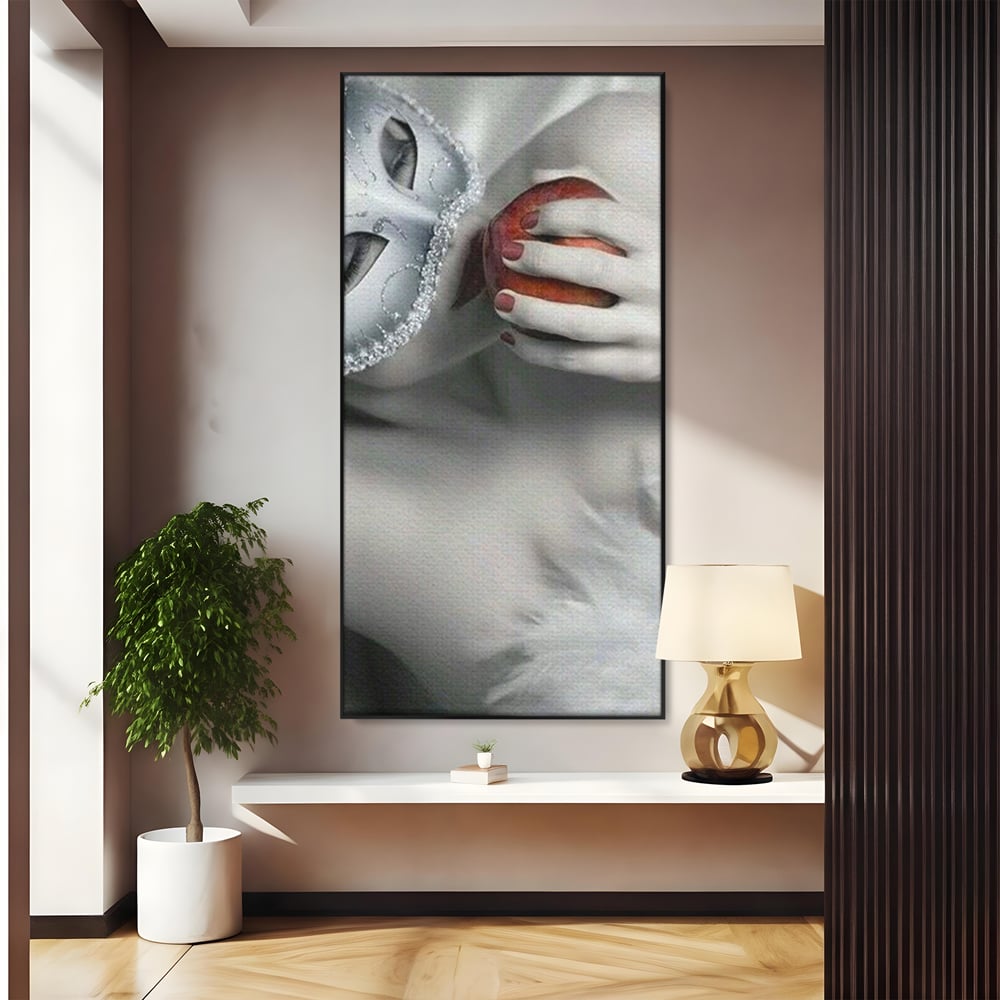 Tablou Canvas Premium, LuxCanva® P1038, Între Puritate și Păcat, Masca, Dantela, Alb, Mar, Rosu, Pacat, Inocenta, Dorinta, Privire, Fior, Tentatie, Fruct, Interzis, Living, Dormitor