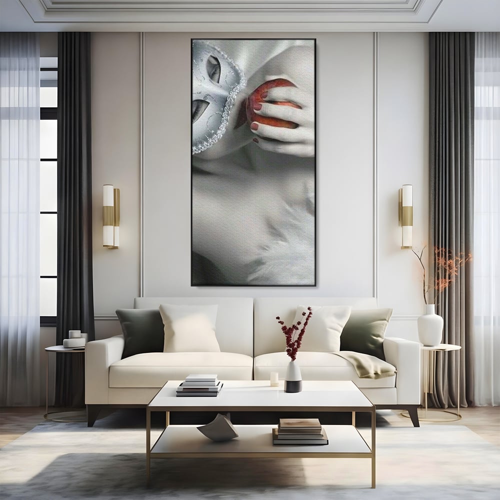 Tablou Canvas Premium, LuxCanva® P1038, Între Puritate și Păcat, Masca, Dantela, Alb, Mar, Rosu, Pacat, Inocenta, Dorinta, Privire, Fior, Tentatie, Fruct, Interzis, Living, Dormitor