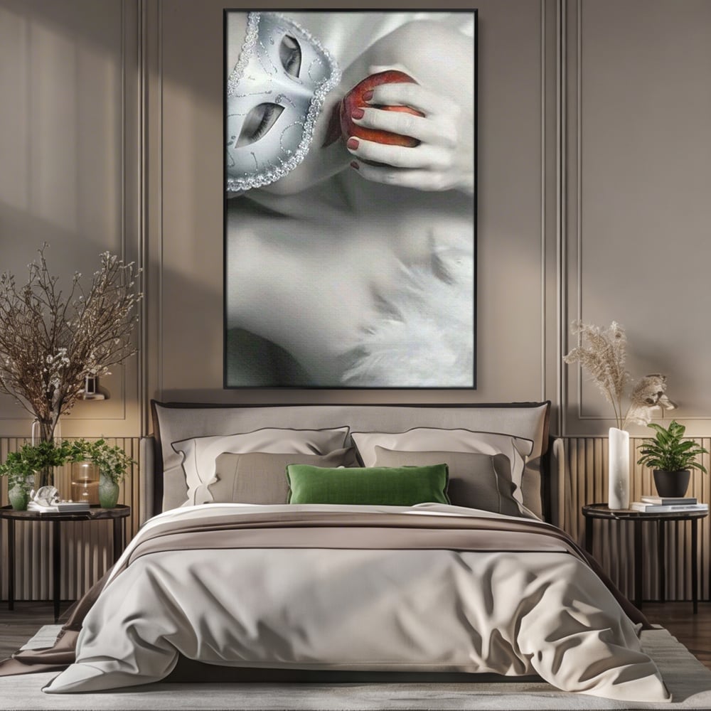 Tablou Canvas Premium, LuxCanva® P1038, Între Puritate și Păcat, Masca, Dantela, Alb, Mar, Rosu, Pacat, Inocenta, Dorinta, Privire, Fior, Tentatie, Fruct, Interzis, Living, Dormitor