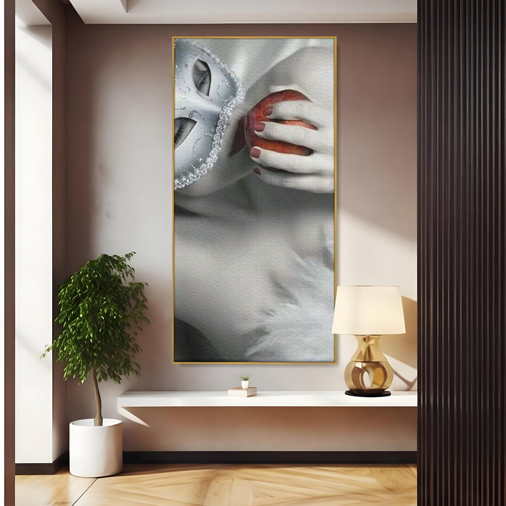 Tablou Canvas Premium, LuxCanva® P1038, Între Puritate și Păcat, Masca, Dantela, Alb, Mar, Rosu, Pacat, Inocenta, Dorinta, Privire, Fior, Tentatie, Fruct, Interzis, Living, Dormitor