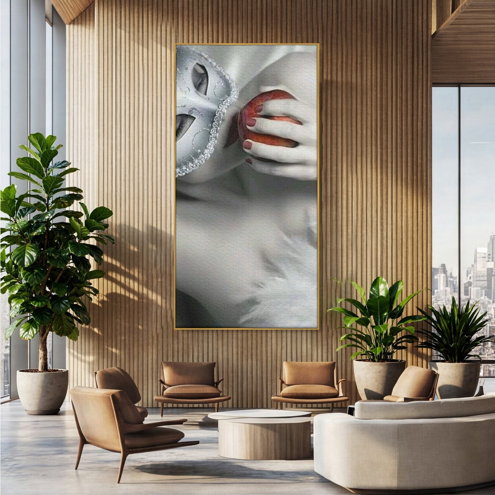 Tablou Canvas Premium, LuxCanva® P1038, Între Puritate și Păcat, Masca, Dantela, Alb, Mar, Rosu, Pacat, Inocenta, Dorinta, Privire, Fior, Tentatie, Fruct, Interzis, Living, Dormitor