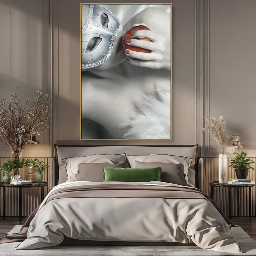 Tablou Canvas Premium, LuxCanva® P1038, Între Puritate și Păcat, Masca, Dantela, Alb, Mar, Rosu, Pacat, Inocenta, Dorinta, Privire, Fior, Tentatie, Fruct, Interzis, Living, Dormitor