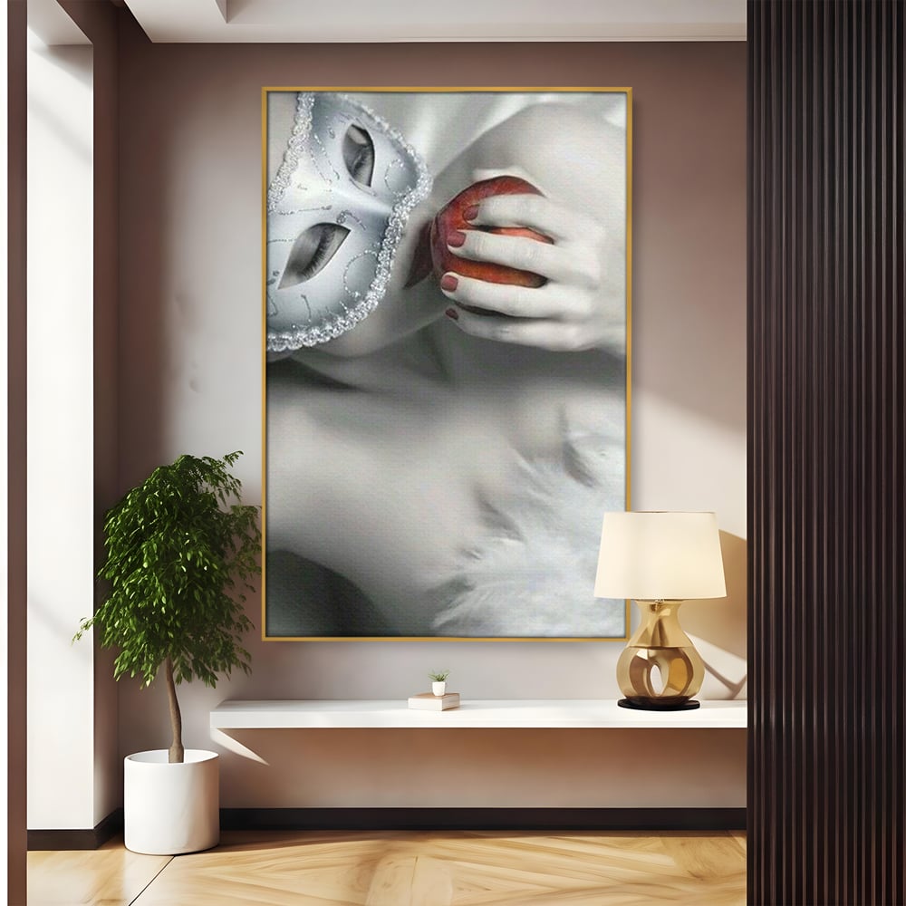 Tablou Canvas Premium, LuxCanva® P1038, Între Puritate și Păcat, Masca, Dantela, Alb, Mar, Rosu, Pacat, Inocenta, Dorinta, Privire, Fior, Tentatie, Fruct, Interzis, Living, Dormitor