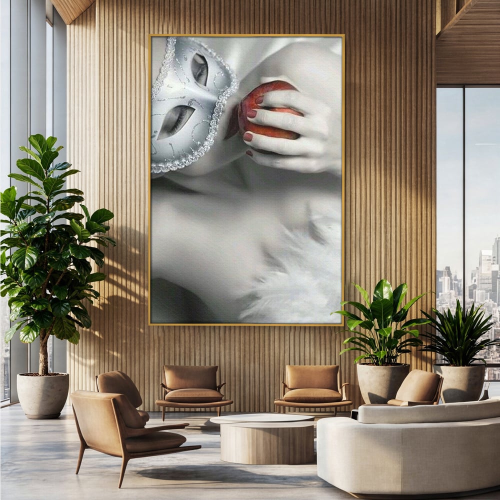 Tablou Canvas Premium, LuxCanva® P1038, Între Puritate și Păcat, Masca, Dantela, Alb, Mar, Rosu, Pacat, Inocenta, Dorinta, Privire, Fior, Tentatie, Fruct, Interzis, Living, Dormitor