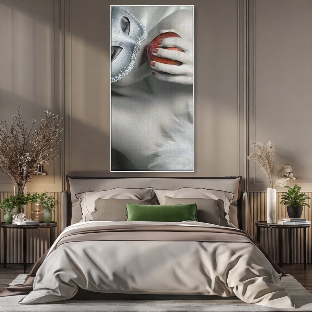 Tablou Canvas Premium, LuxCanva® P1038, Între Puritate și Păcat, Masca, Dantela, Alb, Mar, Rosu, Pacat, Inocenta, Dorinta, Privire, Fior, Tentatie, Fruct, Interzis, Living, Dormitor