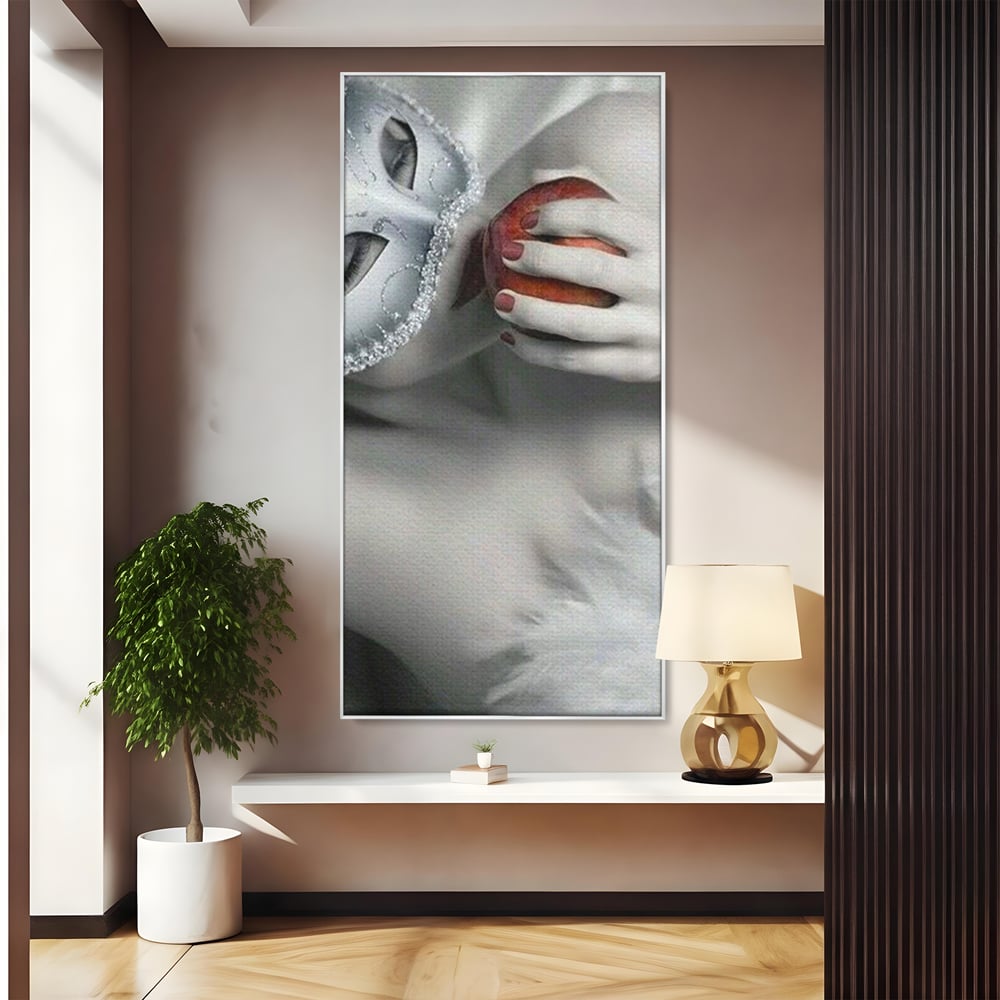 Tablou Canvas Premium, LuxCanva® P1038, Între Puritate și Păcat, Masca, Dantela, Alb, Mar, Rosu, Pacat, Inocenta, Dorinta, Privire, Fior, Tentatie, Fruct, Interzis, Living, Dormitor