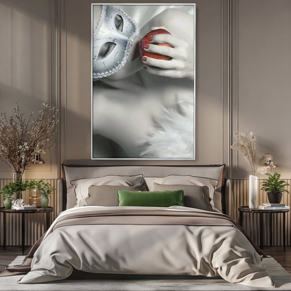 Tablou Canvas Premium, LuxCanva® P1038, Între Puritate și Păcat, Masca, Dantela, Alb, Mar, Rosu, Pacat, Inocenta, Dorinta, Privire, Fior, Tentatie, Fruct, Interzis, Living, Dormitor