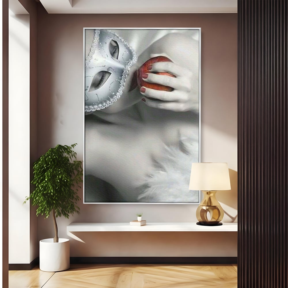 Tablou Canvas Premium, LuxCanva® P1038, Între Puritate și Păcat, Masca, Dantela, Alb, Mar, Rosu, Pacat, Inocenta, Dorinta, Privire, Fior, Tentatie, Fruct, Interzis, Living, Dormitor