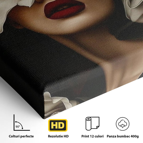 Tablou Canvas Premium, LuxCanva® P1039, Femeia-Orhidee, Inflorire, Petale, Ivoir, Negru, Buze, Rosu, Frumusete, Fashion, Eleganta, Exotism, Luxurios, Enigmatic, Vis, Living, Dormitor