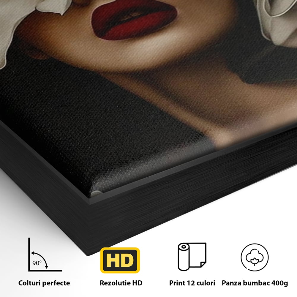 Tablou Canvas Premium, LuxCanva® P1039, Femeia-Orhidee, Inflorire, Petale, Ivoir, Negru, Buze, Rosu, Frumusete, Fashion, Eleganta, Exotism, Luxurios, Enigmatic, Vis, Living, Dormitor